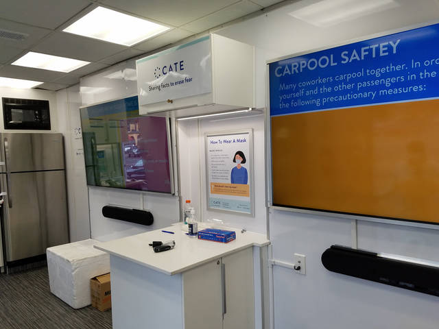 <p>The larger of two rooms in the mobile testing and education unit known as CATE has large screens looping informative videos about COVID-19 and other educational material. A small room is used for screenings and tests for the virus.</p>
<p>Mark Guydish | Times Leader</p>