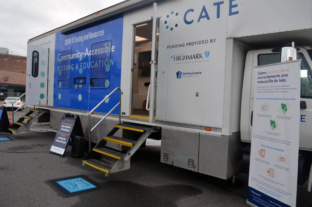 <p>CATE, for Community Accessible Testing and Education, came to Wilkes-Barre Wednesday, providing no-cost COVID-19 tests, information and some take-home goodies, all for free. It will be open today from 11 a.m. to 3 p.m., in the Northampton Street parking lot across from the YMCA.</p>
<p>Mark Guydish | Times Leader</p>