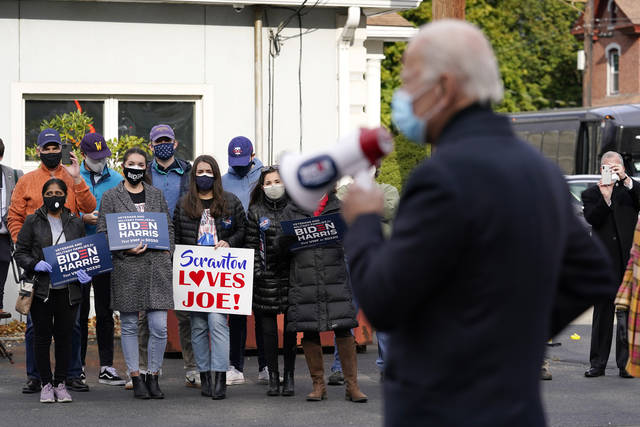 <p>Democratic presidential candidate former Vice President Joe Biden speaks during a campaign event in Scranton, Pa., Tuesday, Nov. 3, 2020.</p>
<p>Carolyn Kaster | AP photo</p>