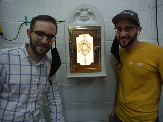 126902612_web1_brothers.reliquery
Twin brothers Peter Baut and James Baut, who represent a fourth generation of craftsmen to work at The Baut Studios in Swoyersville, pose near a recently completed reliquary that will be a resting place for a First Class Relic of St. John Paul II.
Mary Therese Biebel | Times Leader