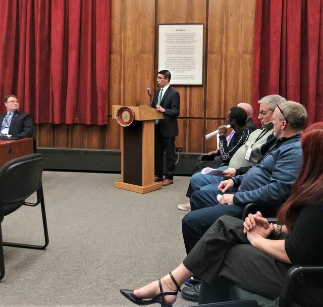 Republican Carl Bienias III speaks Tuesday night after Luzerne County Council appointed him to fill a vacant council seat.
                                 Jennifer Learn-Andes | Times Leader