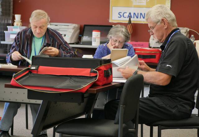129706235_web1_certify4
Luzerne County Election Board members (from left) Daniel Schramm, Audrey Serniak and James Mangan recount ballots during a May 16 primary election reconciliation review Monday at the countys Penn Place building in downtown Wilkes-Barre.
Jennifer Learn-Andes|Times Leader