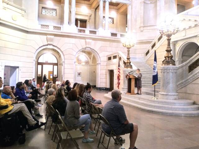 129946613_web1_cy
Luzerne County Children and Youth staff and other county representatives gathered in the county courthouse rotunda Friday for an announcement that the agencys license has been fully restored by the state.
Jennifer Learn-Andes|Times Leader