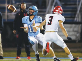
			
				                                Dallas quarterback Brady Zapoticky turned receiver for a play in the second quarter, hauling in a pass during a 17-point quarter for the Mountaineers.
                                 Fred Adams | For Times Leader

			
		