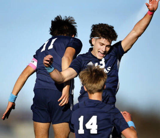 
			
				                                Dallas players Chris Miller (11) and Sam Steinruck (13) celebrate the 2-1 win over Jim Thorpe in the PIAA 3A quarterfinal playoff game held at Central Columbia High School Saturday.
                                 Fred Adams | For Times Leader

			
		