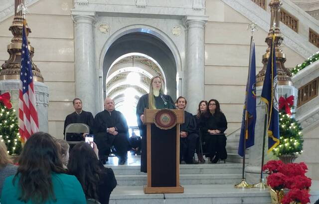 131171728_web1_judge9
Luzerne County Court of Common Pleas Judge Stefanie J. Salavantis speaks Friday morning in the county courthouse rotunda after she was sworn in as the new President Judge.
Jennifer Learn-Andes | Times Leader