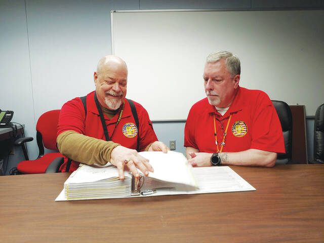 131432974_web1_ema
Luzerne County Emergency Management Agency Act 165 Coordinator Ronald Smith, left, and county Deputy Director of Emergency Services David Elmore look over a thick 2019 study that tracks hazardous chemicals passing through the county by highway, rail, air and pipelines, which will be updated this year.
Jennifer Learn-Andes | Times Leader