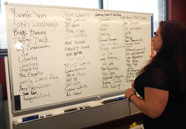 131558675_web1_writein2
Luzerne County Election Board Vice Chairwoman Alyssa Fusaro adds a name to a dry erase board Tuesday that illustrates the volume of May 20 primary election voters who cast write-in votes in jest. The log expanded to both sides of the board during the countys post-election adjudication at the Penn Place Building in downtown Wilkes-Barre.
Jennifer Learn-Andes | Times Leader