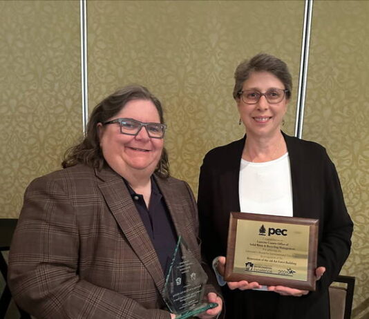 
			
				                                Luzerne County Manager Romilda Crocamo, left, and county Recycling Coordinator Beth DeNardi accepted the Governor’s Award for Environmental Excellence in Harrisburg last week in recognition of the county’s eco-friendly renovations of a former Air Reserve Center on Wyoming Avenue in Wyoming.
                                 Submitted Photo

			
		