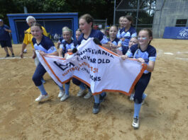 
			
				                                The Back Mountain 8-10 All-Stars run with the championship banner after winning the District 31 championship on Sunday.
                                 Mark Moran | For Times Leader

			
		
