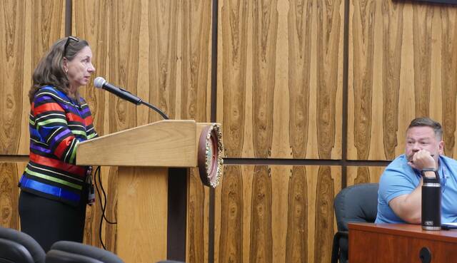 131857538_web1_airport
Wilkes-Barre/Scranton International Airport Assistant Executive Director Betty J. Teichman addresses Luzerne County Council about a proposed airport partnership agreement with Lackawanna County during Tuesdays council work session. Councilman Jimmy Sabatino looks on.