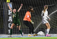 
			
				                                Wyoming Area’s Kinley Park (4) raises her arms in the air after sneaking the ball past Lake-Lehman’s Savannah Remus (34) and goalie Kathryn Morgan, putting the Warriors up 2-1 in the second half.
                                 Tony Callaio | For Times Leader

			
		