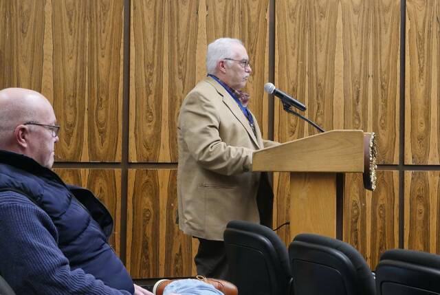 <p>Luzerne County Controller Walter Griffith briefs council on the office’s proposed 2026 budget during this week’s work session as county Councilman-elect Steve Coslett looks on.</p>
<p>Jennifer Learn-Andes | Times Leader</p>