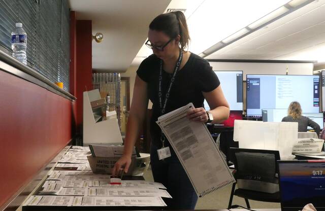 <p>Luzerne County Election Director Emily Cook prepares Nov. 4 general election ballots for Election Board review during Wednesday’s adjudication.</p>
<p>Jennifer Learn-Andes | Times Leader</p>