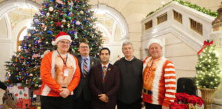 
			
				                                Luzerne County Council Chairman John Lombardo, center, presented proclamations in the county courthouse rotunda on Tuesday in recognition of four colleagues who are wrapping up their terms this month. The four departing members, from left: Brian Thornton, Greg Wolovich, Chris Perry, and Kevin Lescavage. Some council members wore holiday attire since it was the last meeting of the year.
                                 Jennifer Learn-Andes | Times Leader

			
		