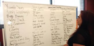 
			
				                                During post-election adjudication in June, Luzerne County Election Board Vice Chairwoman Alyssa Fusaro adds a name to a dry erase board that illustrates the volume of May 20 primary election voters who cast write-in votes in jest. The log expanded to both sides of the board. Officials say the use of silly names slows down the write-in processing.
                                 Jennifer Learn-Andes | Times Leader

			
		