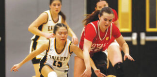 
			
				                                Lake-Lehmans Olivia Corcoran (left) and Holy Redeemers McKenzie Chimock chase a loose ball during the first quarter.
                                 Fred Adams | For Times Leader

			
		