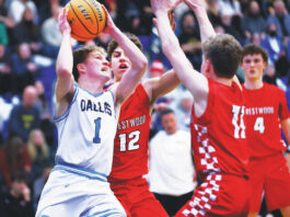 
			
				                                Dallas point guard Joey Nocito takes aim at the basket as Crestwoods Jack Rodgers (12) and Zach Sechleer defend in the first quarter.
                                 Fred Adams l For Times Leader

			
		