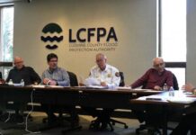 Bids due March 11 for project addressing erosion near levee wall in Wilkes-Barre
Luzerne County Flood Protection Authority Executive Director Laura Holbrook, at right, answers questions during Tuesdays authority board meeting. The board members, from left, are: Keith Moss, Vice Chairman William Hardwick, Chairman Dominic Yannuzzi, Jay Delaney, and John Maday.
Jennifer Learn-Andes | Times Leader