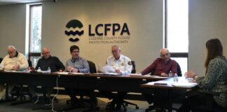
			
				                                Luzerne County Flood Protection Authority Executive Director Laura Holbrook, at right, answers questions during Tuesdays authority board meeting. The board members, from left, are: Keith Moss, Vice Chairman William Hardwick, Chairman Dominic Yannuzzi, Jay Delaney, and John Maday.
                                 Jennifer Learn-Andes | Times Leader

			
		