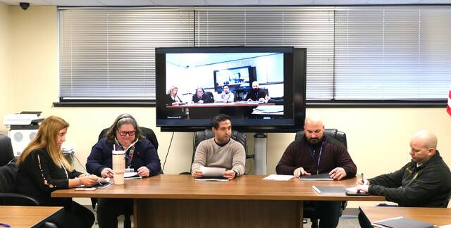 132145977_web1_retirement
Luzerne Countys five-member Retirement Board, which oversees the employee pension fund, met Wednesday in the countys Penn Place Building in Wilkes-Barre. The board members, from left: Budget Finance Division Head Mary Roselle, county Manager Romilda Crocamo, County Council members John Lombardo (board chair) and Chris Belles (board vice chair), and county Chief Deputy Sheriff Eugene Gurnari, the employee/retiree representative.
Jennifer Learn-Andes | Times Leader