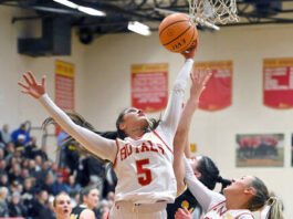 
			
				                                Holy Redeemers Bella Boylan (5) goes up high to pull down a rebound against Lake-Lehman.
                                 Tony Callaio | For Times Leader

			
		