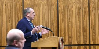 
			
				                                Wilkes-Barre Attorney Francis Hoegen appeared before Luzerne County Council this week, advocating for a real estate tax break construction deadline extension for a Wilkes-Barre Twp. warehouse project. Township Solicitor John Rodgers is seated in the foreground.
                                 Jennifer Learn-Andes | Times Leader

			
		