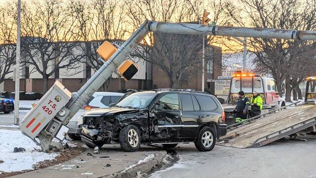 132241647_web1_crash-wb-2
A traffic signal was knocked out of service when two vehicles collided in January 2025 at Hazle Street and South Pennsylvania Avenue in Wilkes-Barre. Luzerne County recently completed a 218-page, grant-funded assessment of roadway safety concerns and how to address them.
Ed Lewis | Times Leader file photo