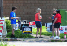 Luzerne County reports no major issues in Tuesday’s primary
A voter stops to chat with poll workers Tuesday at the Kingston Recreation Center.
Mark Moran | For Times Leader