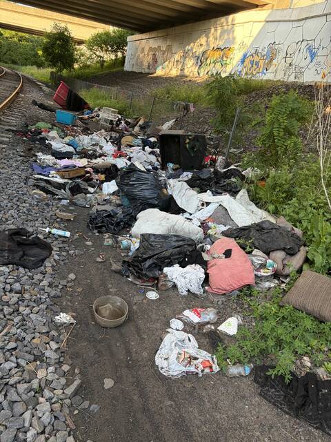 132429728_web1_homeless
A Wilkes-Barre resident provided this recent photograph of debris piling up at a homeless encampment along the rail line in the citys Parsons section.
Submitted photo