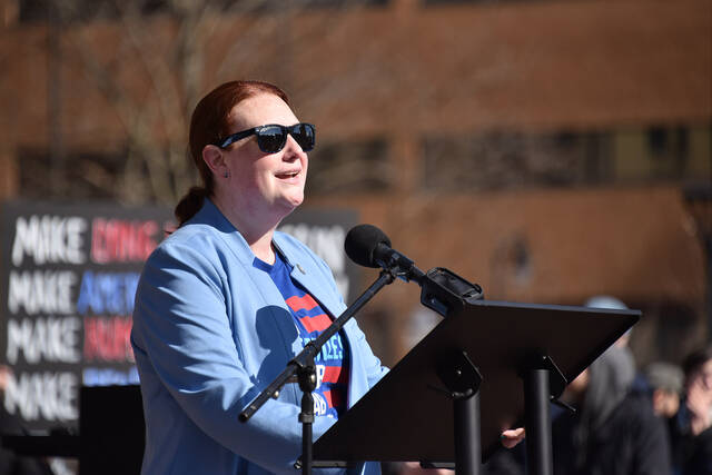 132432921_web1_TTL032926NoKings11
Action Together NEPA Executive Director Alisha Hoffman-Mirilovich, shown at a No Kings event in Wilkes-Barre earlier this year, announced Wednesday her organization is trying to place a referendum on the November 2026 general election ballot asking voters if they want to add an insider stock trading prohibition to Luzerne Countys home rule charter.
Elizabeth Baumeister | Times Leader File Photo